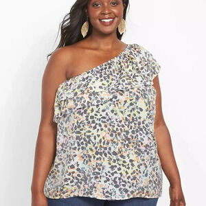 NWOT Lane Bryant Classic Multicolored One-Shoulder Ruffle-Front Top in Size 22